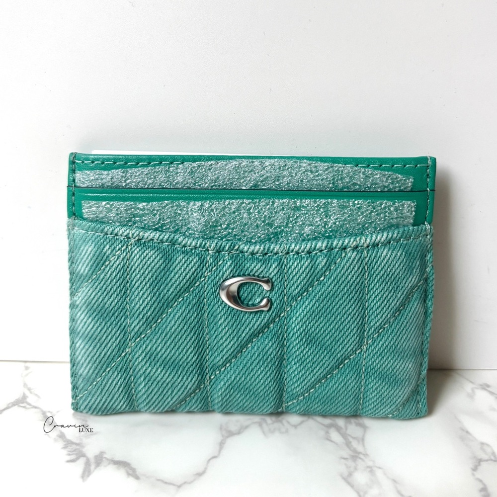 New Coach Quilted Denim Card Case Mini Wallet Holder Green